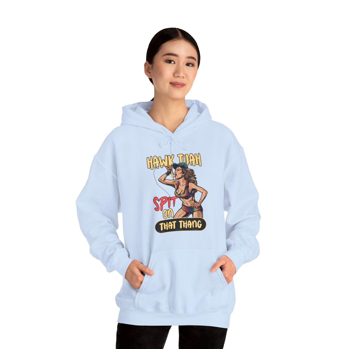 Hawk Tuah Spit on That Thang - Woman Spitting on Fishing Lure - Unisex Heavy Blend Hoodie