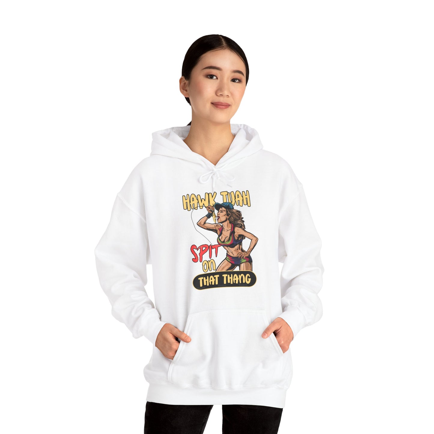 Hawk Tuah Spit on That Thang - Woman Spitting on Fishing Lure - Unisex Heavy Blend Hoodie
