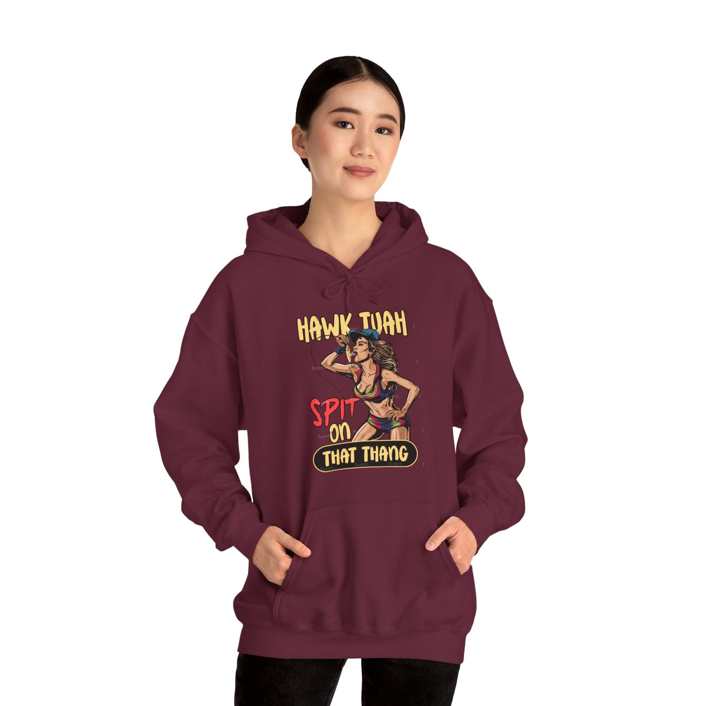 Hawk Tuah Spit on That Thang - Woman Spitting on Fishing Lure - Unisex Heavy Blend Hoodie