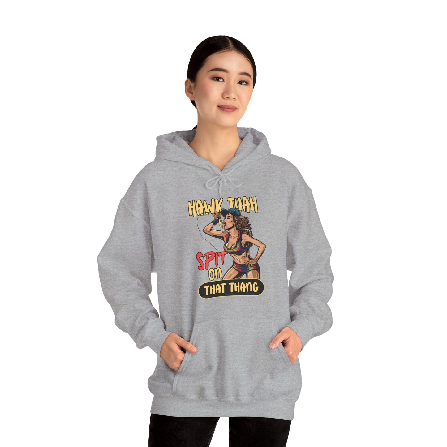 Hawk Tuah Spit on That Thang - Woman Spitting on Fishing Lure - Unisex Heavy Blend Hoodie